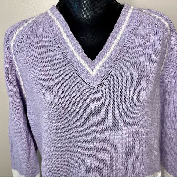Silvercord Sweater Vintage Knit V Neck Stripe Cotton Blend Purple White Large - Picture 2 of 10